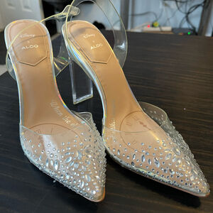 Clear Jeweled Pointed-Toe Heels in Clear/Nude